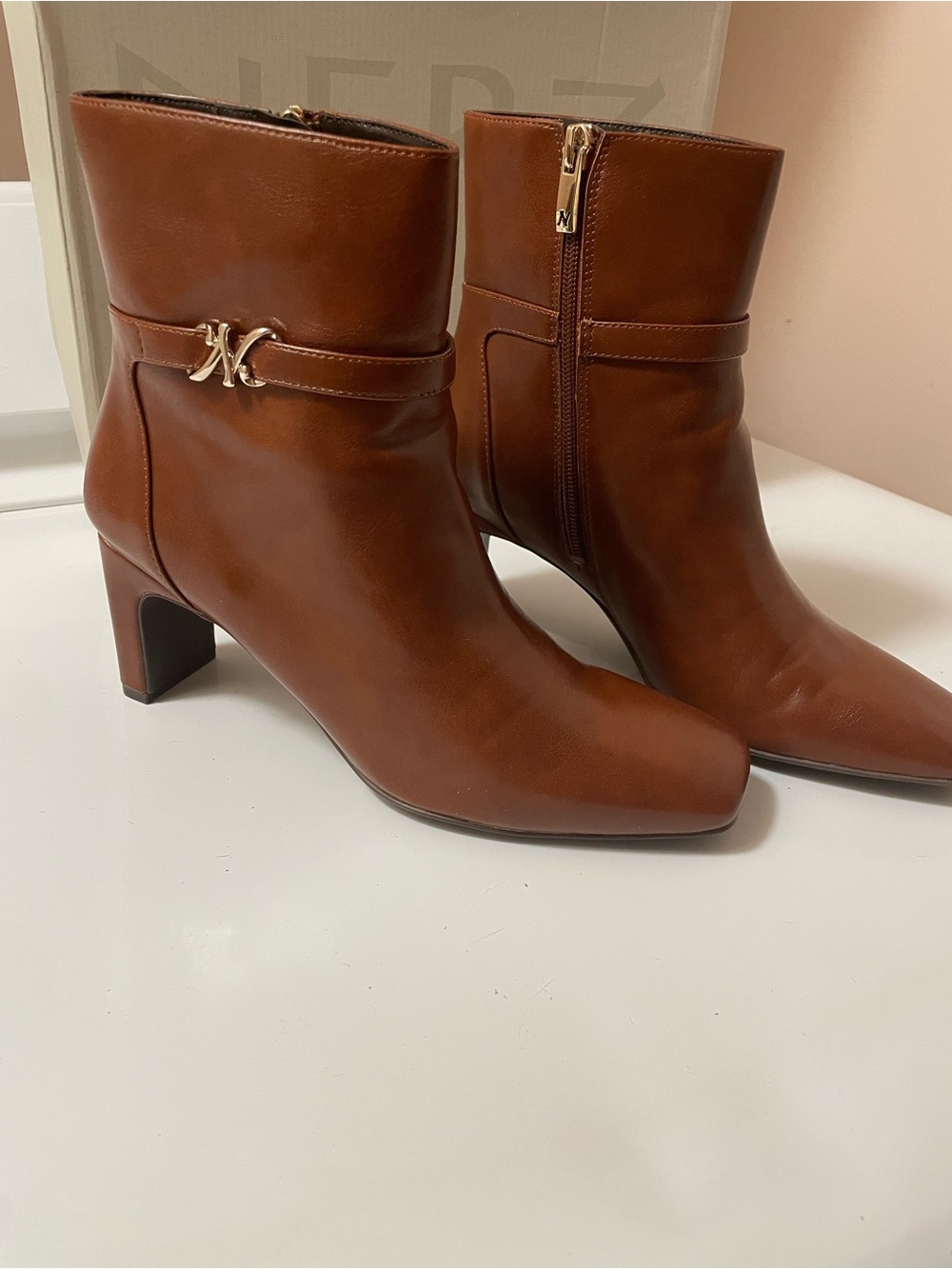 Naturalizer “Nanette” Brown Leather Ankle Boots with Gold Accent